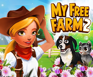 My Free Farm 2 Teaser Bild Ein Mädchen in einem Farmoutfit hält ein Huhn in der Hand. Im Hintergrund sieht man ein schönes Farmgebäude
